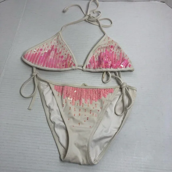 Victorias Secret Womens Small Piece White Pink Sequins Bikini Swimsuit